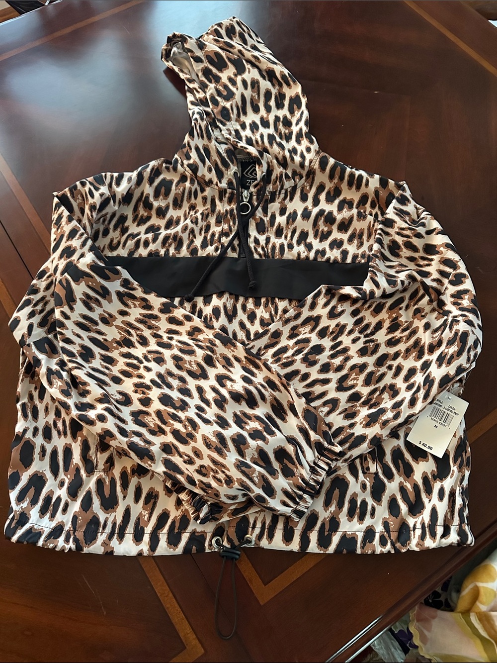 ZELOS Leopard Print Hooded Pullover Jacket in Black and Brown